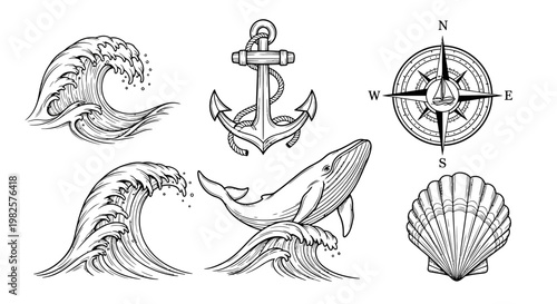 Nautical sea ocean wave anchor compass.