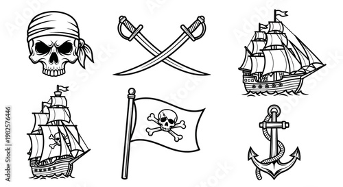 Pirate symbols and ship icons set.