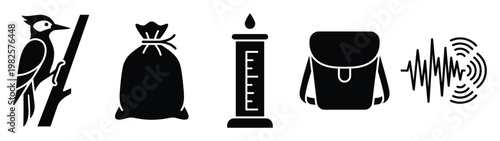 Versatile symbol set depicting a woodpecker, tied bag, graduated tube, travel backpack, and sound wave ideal for contemporary web interfaces, presentations, and print media.