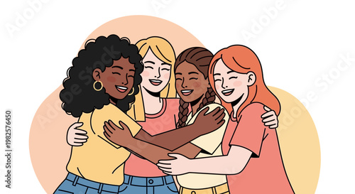 Diverse group of happy young women embracing each other in a warm friendly hug.