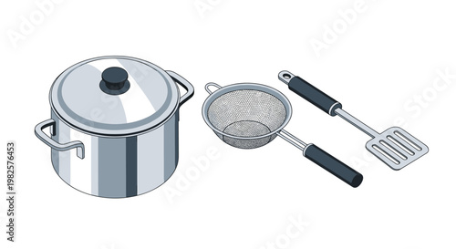Essential stainless steel kitchen tools including a cooking pot, a mesh strainer, and a spatula are shown in an isometric view.