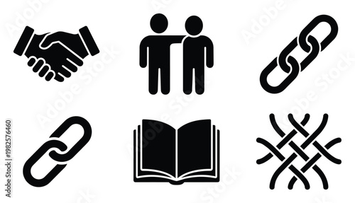 Essential icon set featuring concepts of human connection, business partnership, shared knowledge, strong bonds, and supportive relationships for various digital and print applications