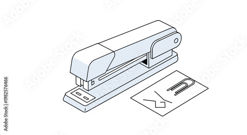 Close up isometric view of office stationery featuring a metal stapler and a paper clip on a small rectangular piece of paper.