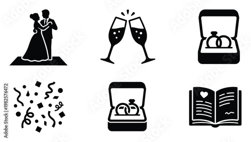 Essential wedding celebration icons depicting a dancing couple, clinking champagne glasses, engagement rings in boxes, festive confetti, and a lovefilled vow book, perfect for invitations,