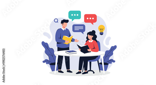 Students collaborate on a study project at a round table with books and creative ideas in this vibrant flat vector illustration.