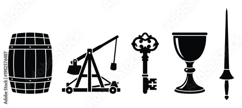 Set of historical and medieval symbols featuring a wooden barrel powerful trebuchet ornate key elegant chalice and sharp dagger perfect for game development or graphic design projects