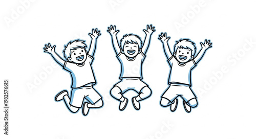 Three happy children jumping in the air with joy and excitement.
