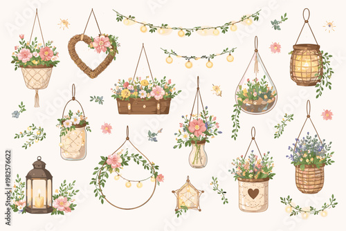 Decorative Hanging Items for Home and Garden with Flowers and Fairy Lights; Boho Vector Illustration Collection Featuring Flower Baskets, Lanterns, String Lights, Wreaths, and Glass Terrariums.