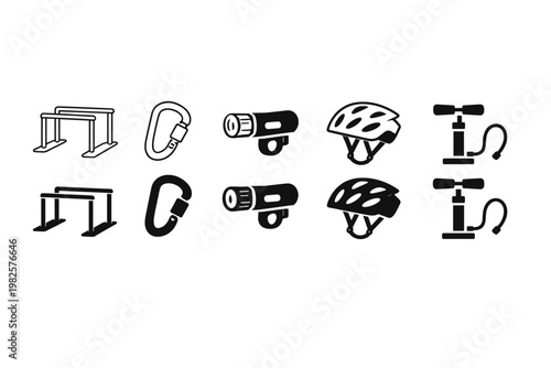 Collection of Sports and Outdoor Equipment Icons Featuring Parallel Bars, Carabiner, Bicycle Light, Cycling Helmet, and Bike Pump in Outline and Solid Silhouette Styles for Fitness and Adventure