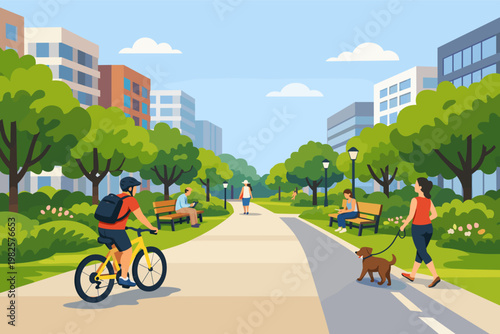 Vibrant vector illustration of a sustainable city park and green corridor featuring a cyclist, pedestrians walking a dog, and people relaxing on benches amidst lush trees and urban buildings.