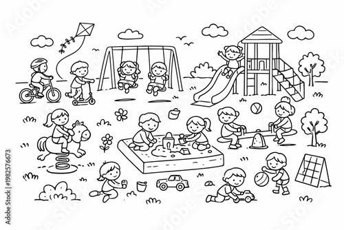 Doodle Playground with Kids Playing in Kindergarten Park. Children Having Fun with Swings, Slides, Seesaw, Sandbox, Bicycle, and Scooter. Hand Drawn Vector Illustration for Coloring Book Page.