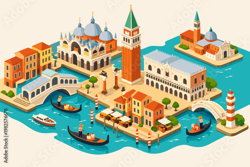 Isometric vector illustration of Venice landmarks featuring Saint Mark's Basilica, Campanile, Doge's Palace, Rialto Bridge, and gondolas on the canal. Charming Italian city architecture travel art.