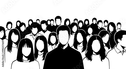 Black and white illustration of a diverse crowd of faceless people.