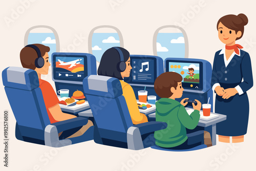 Vector illustration of passengers in airplane cabin seats enjoying in-flight entertainment systems with movies, music, and video games while eating meals, with a friendly flight attendant nearby.