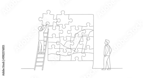 Continuous line drawing of two people assembling a large wall puzzle.