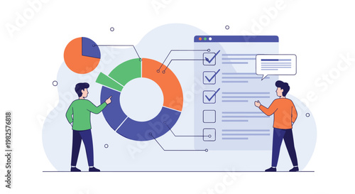 Business professionals evaluate project tasks with a large pie chart and checklist in this clean flat vector data illustration.