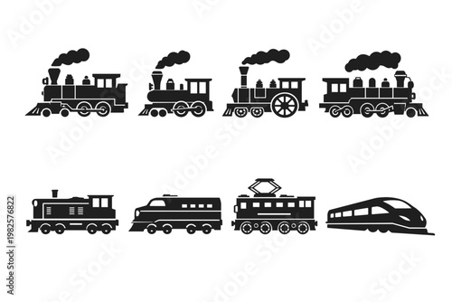 Collection of train engine silhouettes and flat vector icons, showcasing the evolution of railway transport from vintage steam locomotives to modern electric and high-speed bullet trains.