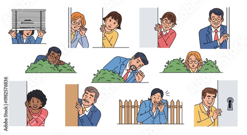 Set of diverse people peeking and hiding behind various obstacles.