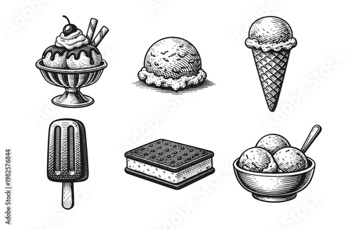 Vintage Engraving Style Ice Cream Collection Featuring Sundae with Cherry, Single Scoop, Waffle Cone, Popsicle, Ice Cream Sandwich, and Bowl of Scoops. Hand-Drawn Retro Sketch Vector Illustration.