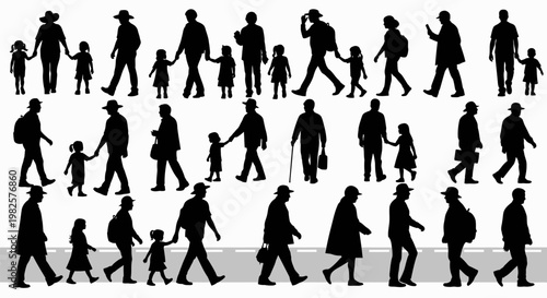 Set of various silhouettes of walking people and children.
