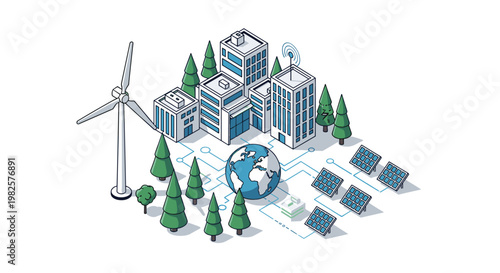 Sustainable city concept features isometric skyscrapers connected to green energy sources like wind turbines and solar panels.