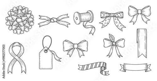 Engraved style collection of celebratory bows ribbons and a gift tag perfect for packaging decorations scrapbooking and event invitations