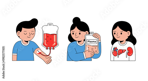 People donating blood and plasma with internal organs visualization.