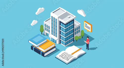 Student stands near a modern corporate building surrounded by textbooks and notebooks representing higher education success.