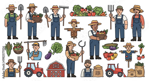 Set of Cartoon Farmers and Agricultural Elements.