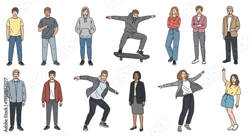 Diverse group of young people in casual modern clothing illustration.