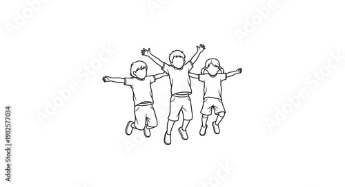 Three Happy Children Jumping Joyfully in the Air.