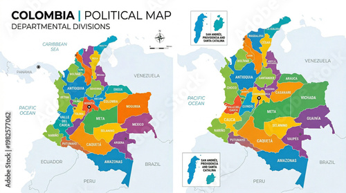 Colombia political map with departmental divisions illustration