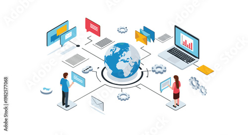 Global communication network links people and digital devices around the world using internet technology and data sharing.