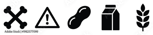 Set of black silhouette symbols featuring crossbones, warning triangle, peanut, milk carton, and wheat stalk, ideal for representing allergies and hazards.