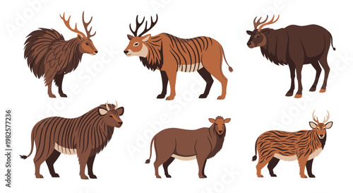 Variety of exotic brown animals standing.