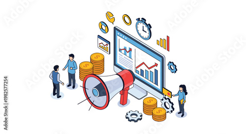 Digital marketing dashboard displays financial growth, megaphone alerts, and team collaboration for business optimization.