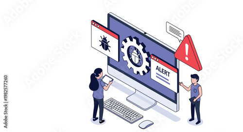 Software developers identify and fix system bugs and security alerts on a large computer monitor in an office setting.
