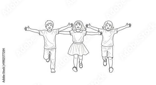 Three happy children running and playing together with arms outstretched.