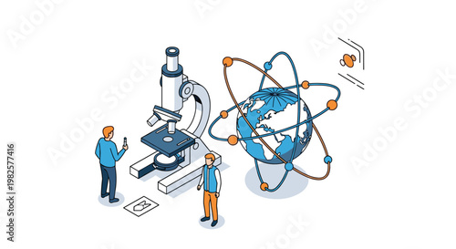 Scientific research team uses a microscope and atomic models orbiting the earth to conduct global laboratory experiments.