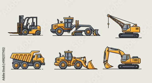 Yellow heavy construction equipment vehicles.