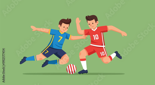 Two young soccer players competing for the ball on the field.