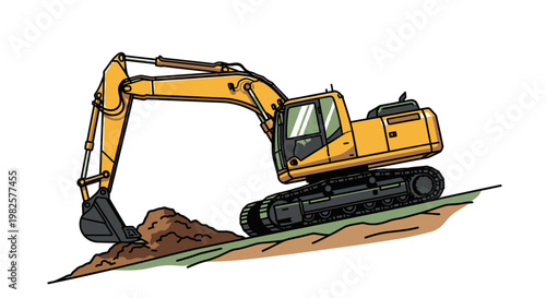 Yellow excavator digging earth ground.