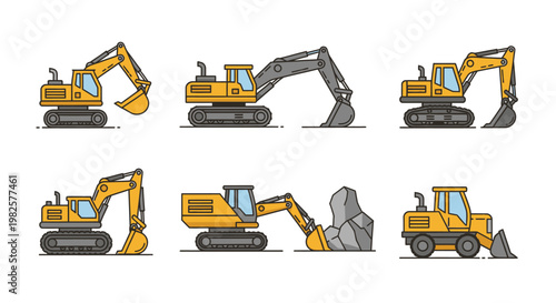 Yellow excavator machines in different positions.