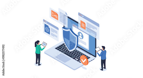 Cybersecurity team protects sensitive data using a large shield and verified checkmark on a laptop screen with documents.