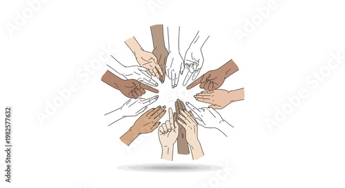 Diverse group of human hands reaching together in a circular formation representing unity and cooperation.