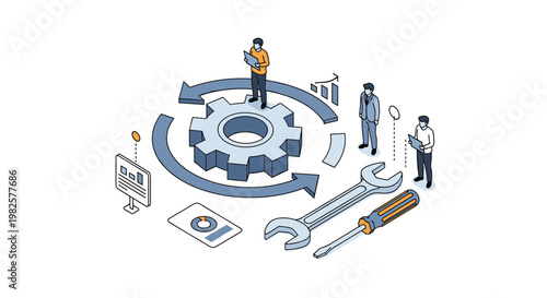Industrial workflow and maintenance team uses a giant gear and mechanical tools to optimize manufacturing efficiency.