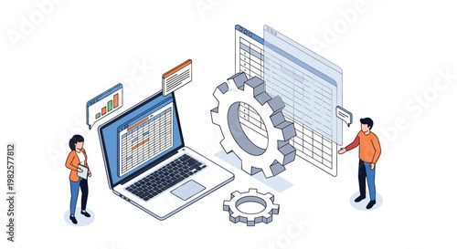Collaborative data analysis and workflow management show people using a laptop and gears to process spreadsheet tasks.