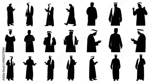 Collection of black silhouettes of Arabic men in traditional clothing.