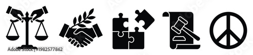 Symbols representing justice, peace, agreement, problemsolving, and legal authority for diverse applications in human rights and social issue campaigns