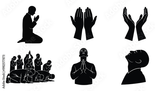 Silhouettes of people and hands engaged in prayer and worship, representing spiritual devotion and reverence, suitable for religious education materials and faithbased publications